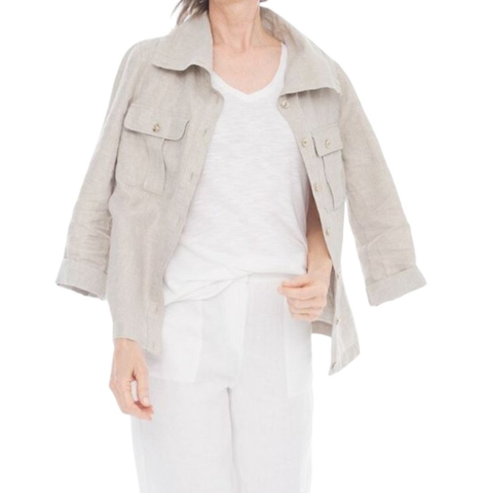 Chico's Shine Linen Boho Lagenlook Metallic Utility Jacket Size 1 / Small